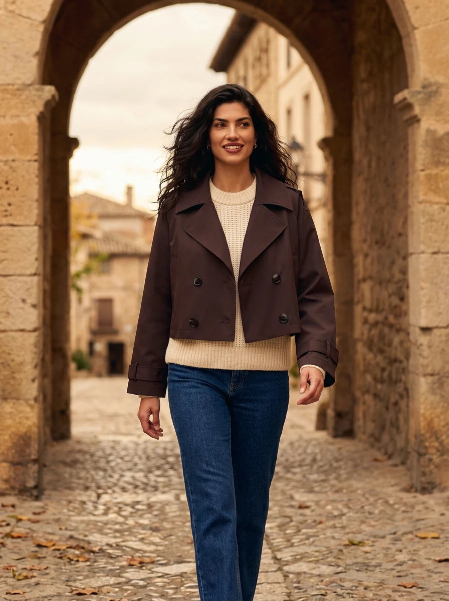 Chaqueta corta cruzada chocolate, look completo - Maravel