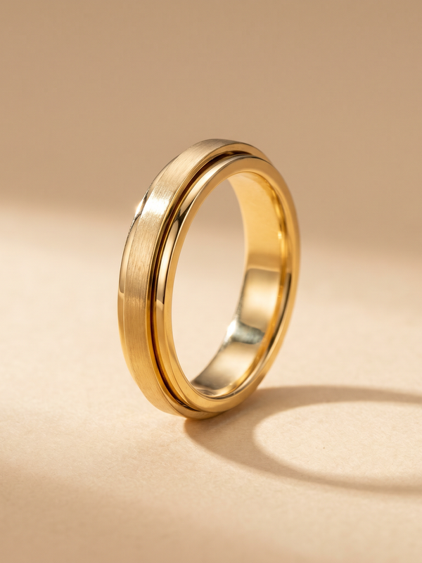 Anillo Calma: anillo giratorio de acero con baño de oro, banda interior visible